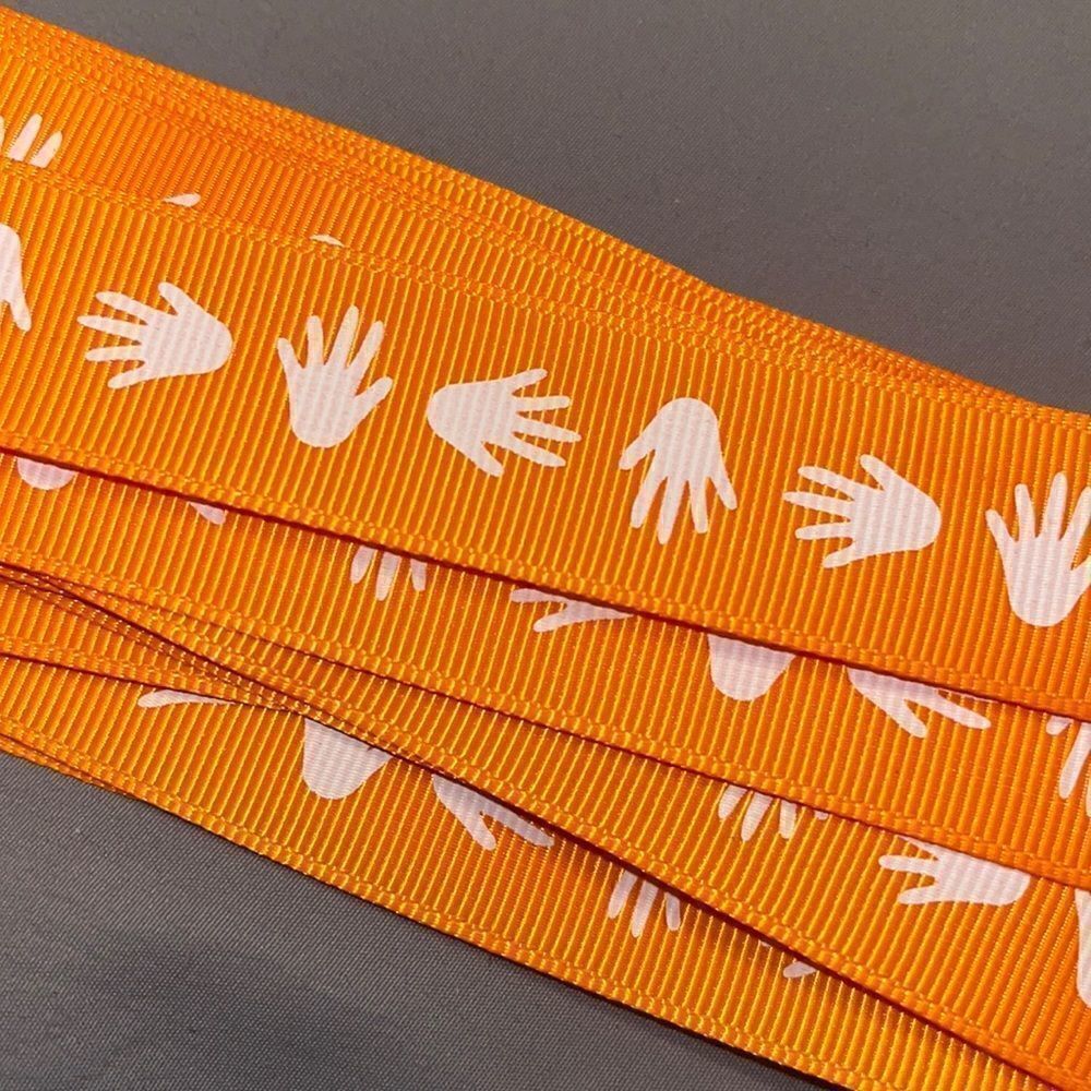 Grosgrain printed Ribbon 7/8” NEW 5 yards orange white hands hand prints print